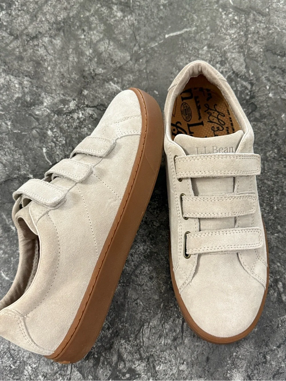 L.L. Bean Eco Bay Suede Triple Hook & Loop Sneakers Gum Sole Lt Gray Sz 10